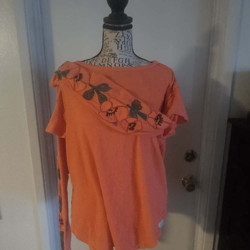 Free People Orange Floral Short Sleeve Top